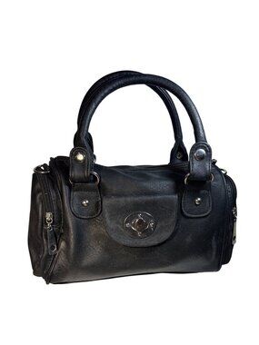 Wanderlust Satchel Handbag Purse Black Faux Leather Top Handles Zipper 12 x 6.5"